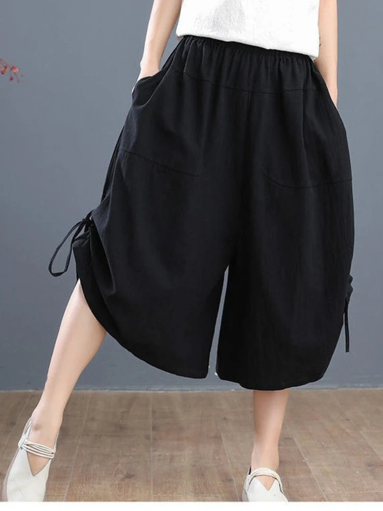 IMIEMIE Summer Loose Bloomers Casual Elastic Waist Wide Leg Pants Large Size Middle Waist Women's Solid Color Culottes Cropped Pants