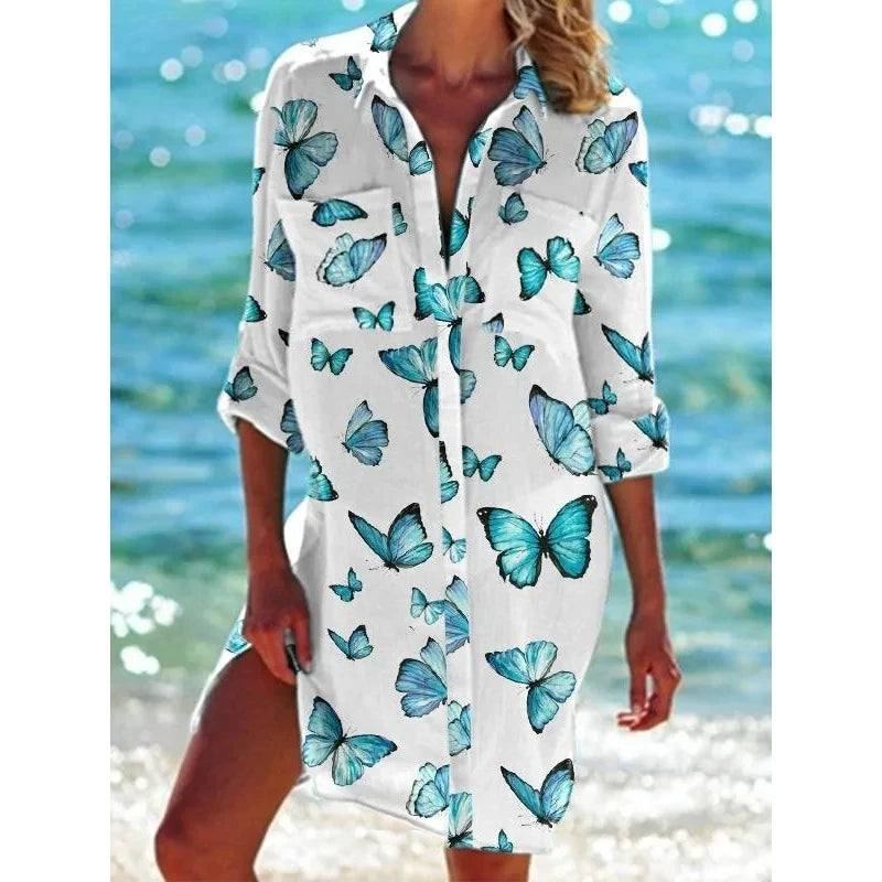 IMIEMIE Summer New Butterfly 3D Printed Hawaiian Women's Shirt Dress Women's Beach Sexy Shirt Coat Shirt Long sleeved Maxi