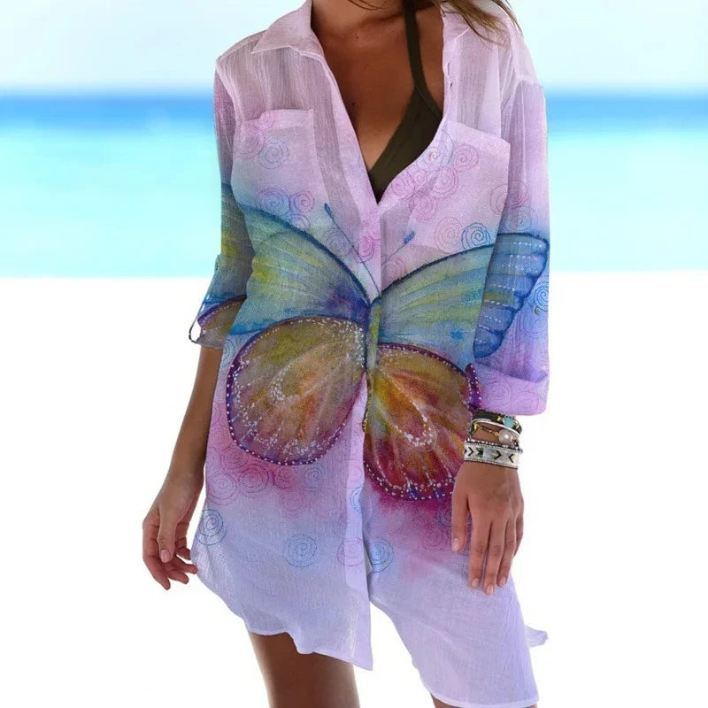 IMIEMIE Summer New Butterfly 3D Printed Hawaiian Women's Shirt Dress Women's Beach Sexy Shirt Coat Shirt Long sleeved Maxi