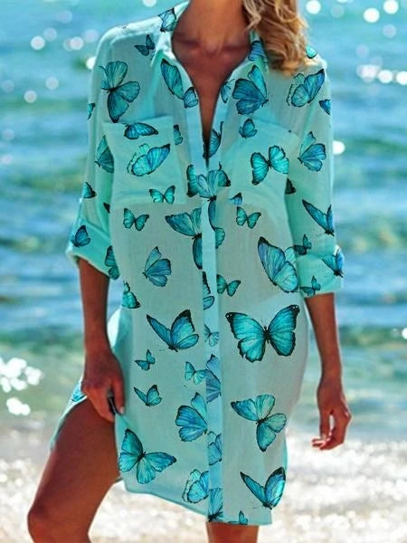 IMIEMIE Summer New Butterfly 3D Printed Hawaiian Women's Shirt Dress Women's Beach Sexy Shirt Coat Shirt Long sleeved Maxi