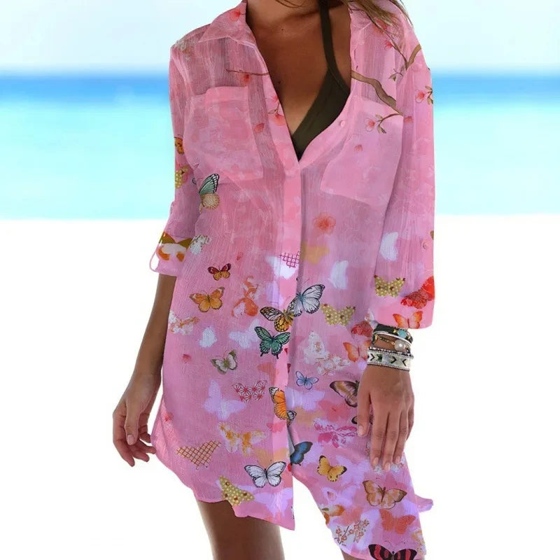 IMIEMIE Summer New Butterfly 3D Printed Hawaiian Women's Shirt Dress Women's Beach Sexy Shirt Coat Shirt Long sleeved Maxi