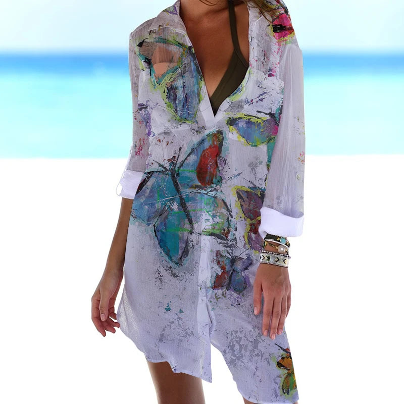 IMIEMIE Summer New Butterfly 3D Printed Hawaiian Women's Shirt Dress Women's Beach Sexy Shirt Coat Shirt Long sleeved Maxi