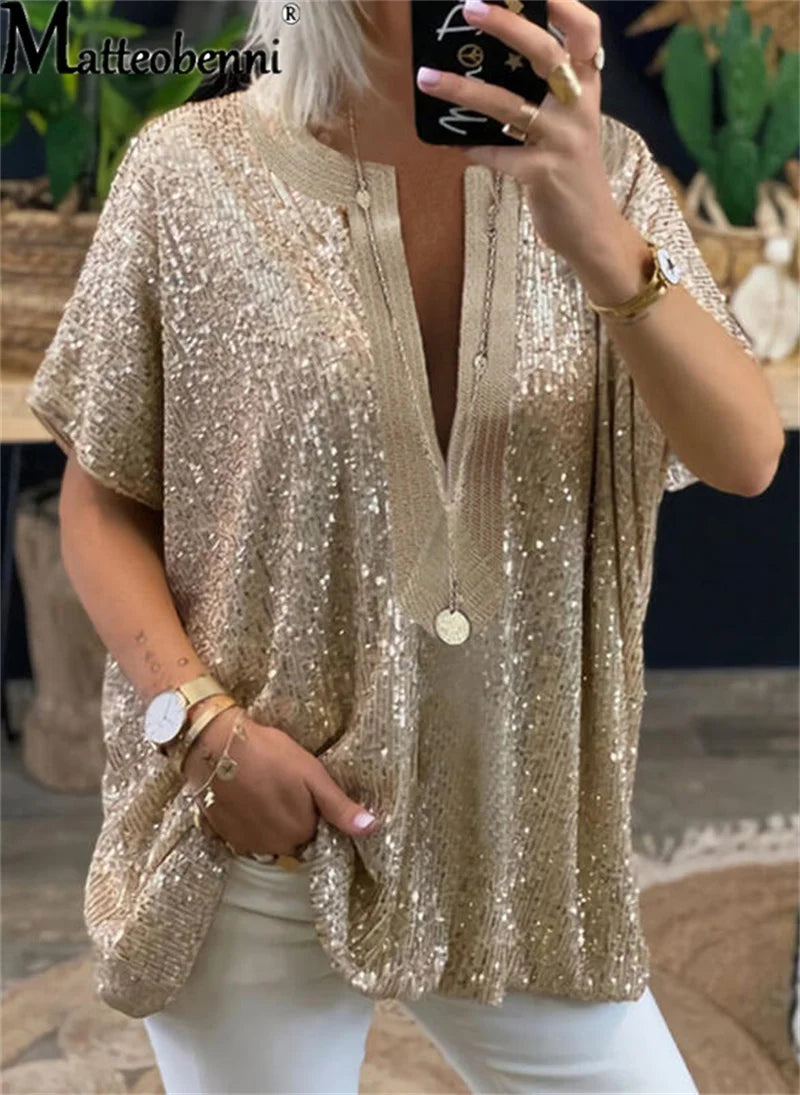 IMIEMIE Summer New Fashion Sequin Decoration Blouse Women Short Sleeve V Neck Shirt Commuter Casual Female Versatile Basic Loose Tops 23