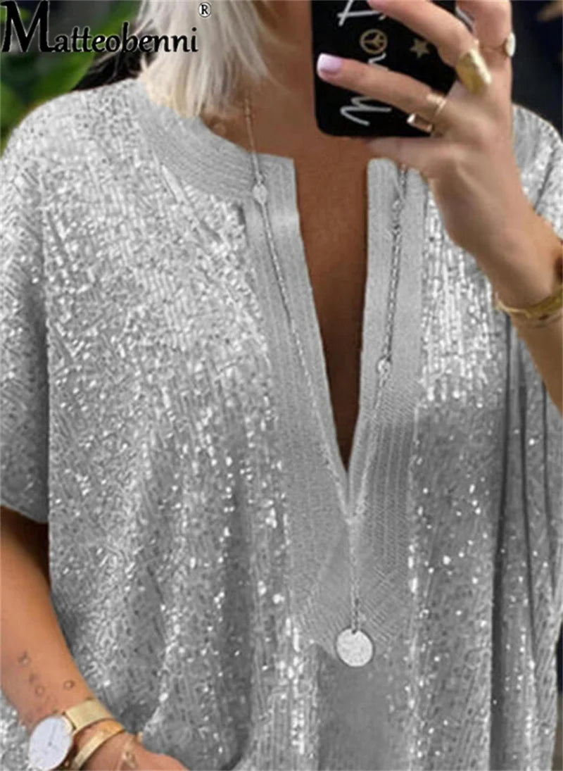 IMIEMIE Summer New Fashion Sequin Decoration Blouse Women Short Sleeve V Neck Shirt Commuter Casual Female Versatile Basic Loose Tops 23