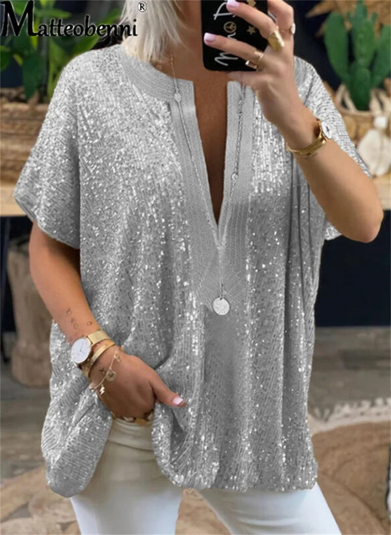 IMIEMIE Summer New Fashion Sequin Decoration Blouse Women Short Sleeve V Neck Shirt Commuter Casual Female Versatile Basic Loose Tops 23