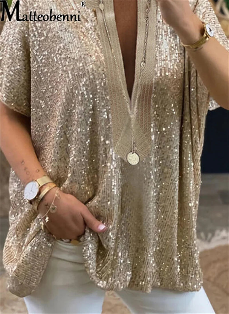 IMIEMIE Summer New Fashion Sequin Decoration Blouse Women Short Sleeve V Neck Shirt Commuter Casual Female Versatile Basic Loose Tops 23