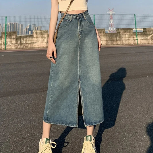 IMIEMIE Summer New High-waist Slit Denim Skirt For Women Washed Retro A- line Skirt Hip-covering Straight Long Skirt