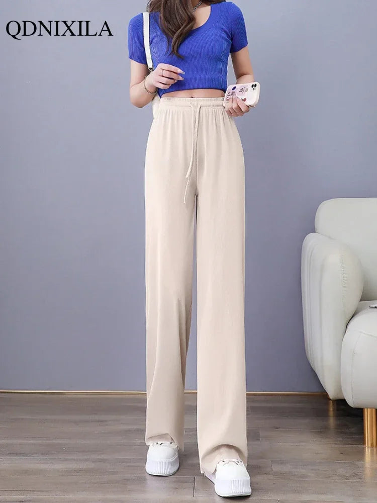 IMIEMIE Summer New Ice Silk Women's Pants Wide Leg Korean Fashion Elegant Thin High Waist Elastic Casual Woman Sagging Straight Pants