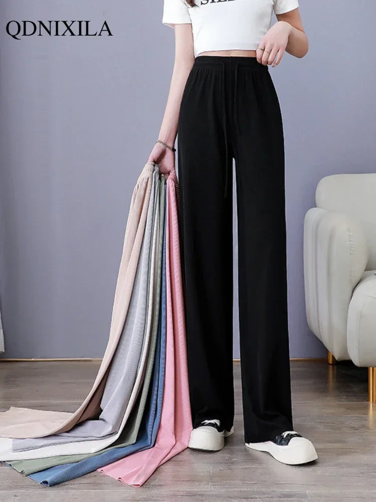 IMIEMIE Summer New Ice Silk Women's Pants Wide Leg Korean Fashion Elegant Thin High Waist Elastic Casual Woman Sagging Straight Pants