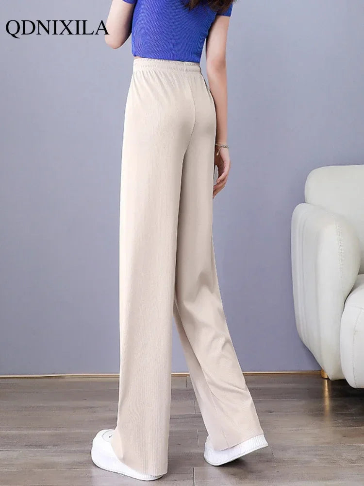 IMIEMIE Summer New Ice Silk Women's Pants Wide Leg Korean Fashion Elegant Thin High Waist Elastic Casual Woman Sagging Straight Pants