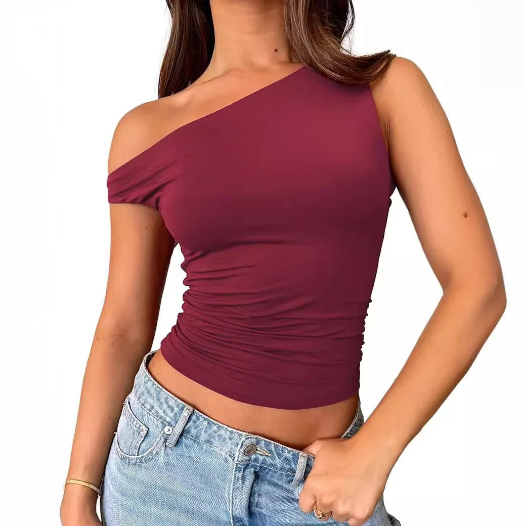 IMIEMIE Summer New Wild Solid Color Spell Vest T-shirt Female Sexy Diagonal Sleeveless Top