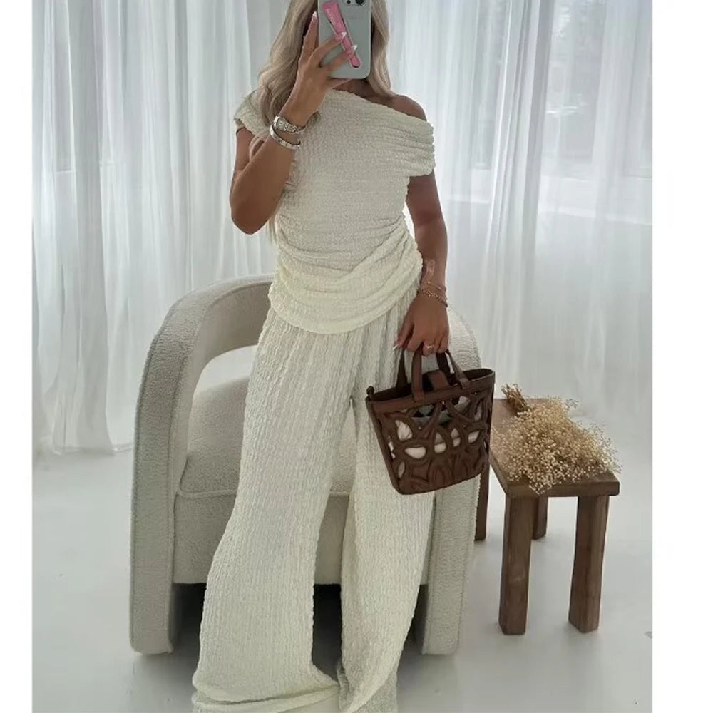 IMIEMIE Summer New Women's Fashion European and American Style Knitted Solid Color Top+High Waist Pants Set