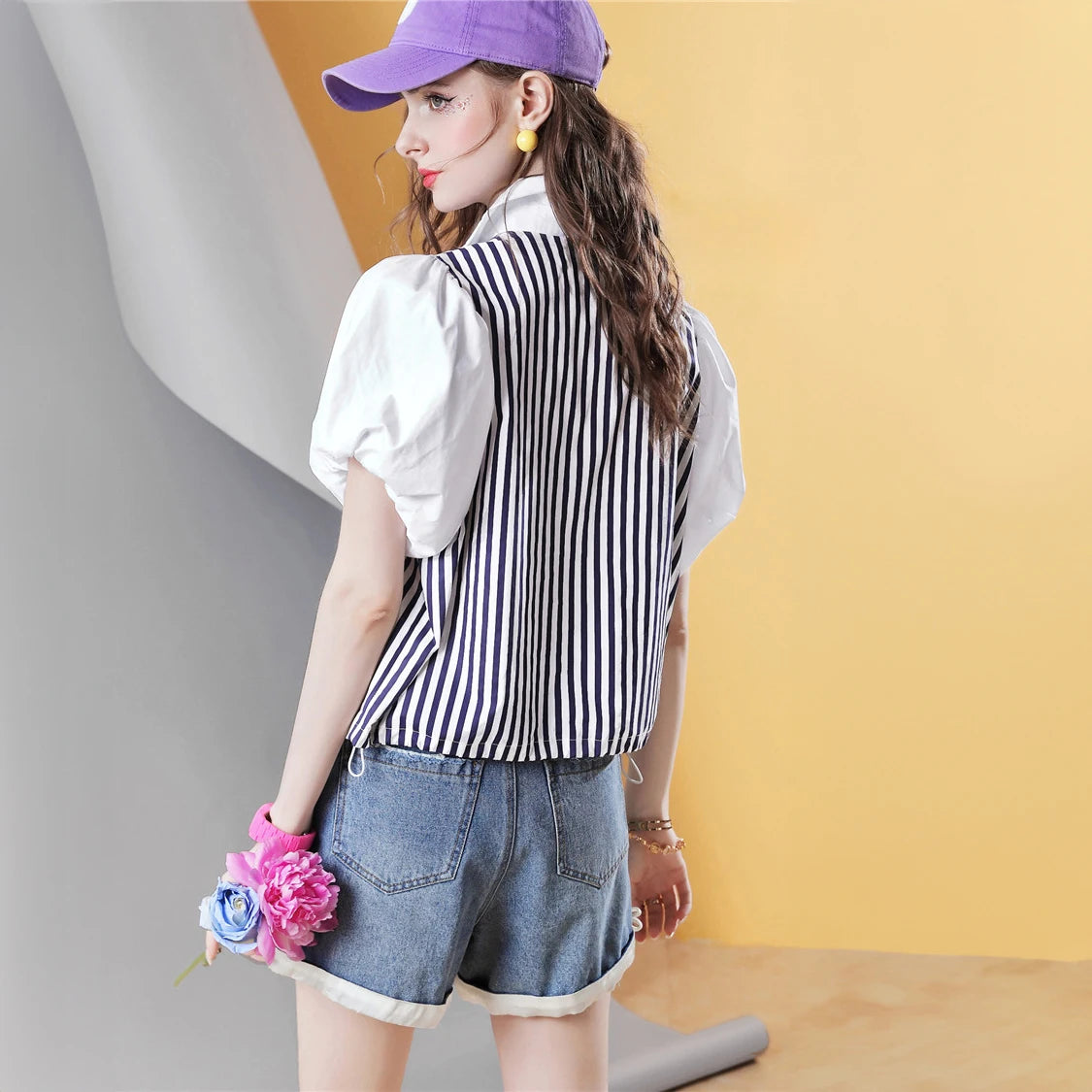 IMIEMIE Summer New high quality Women's Short Sleeve Striped Shirt Short Puff Sleeve Elegant blouse top for women