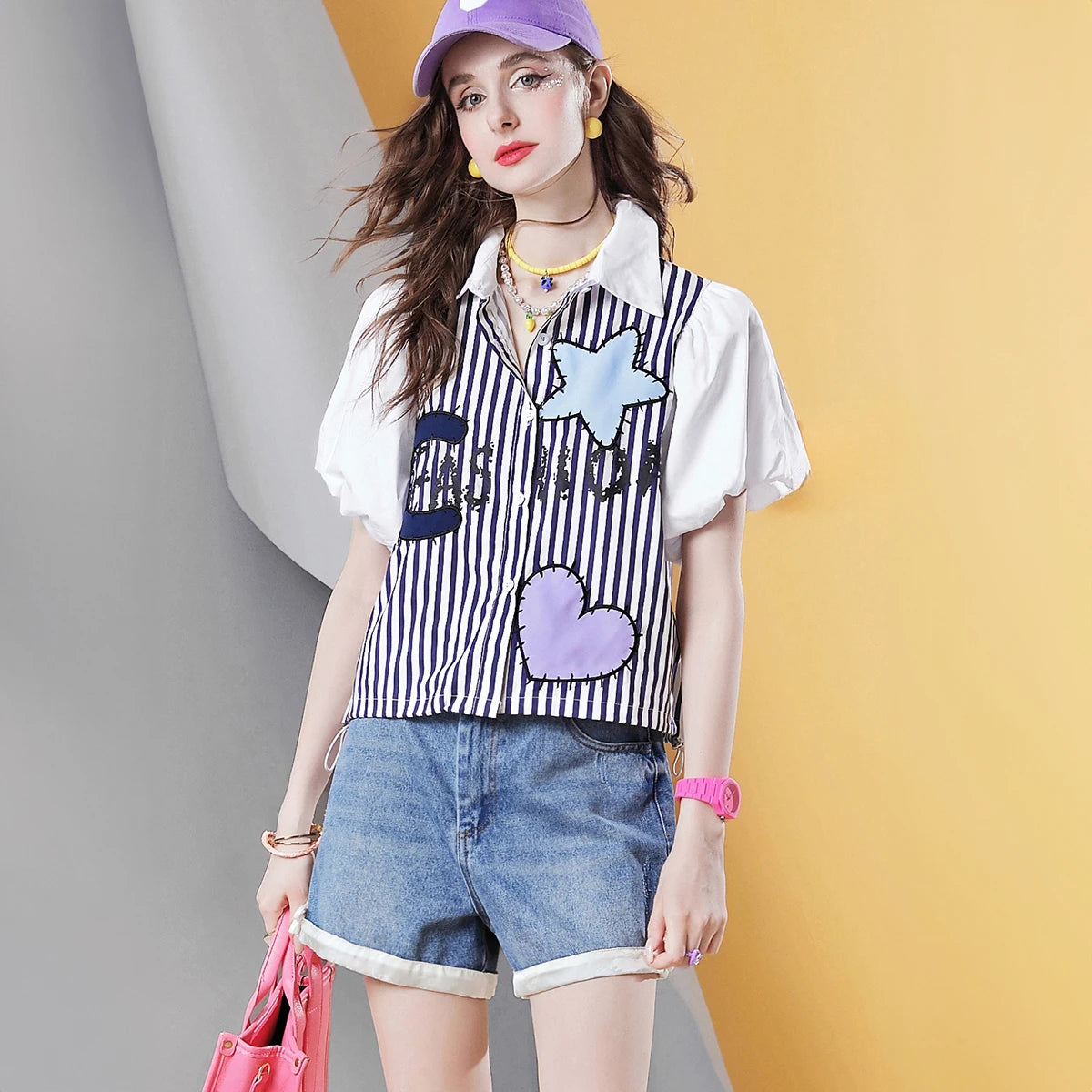 IMIEMIE Summer New high quality Women's Short Sleeve Striped Shirt Short Puff Sleeve Elegant blouse top for women