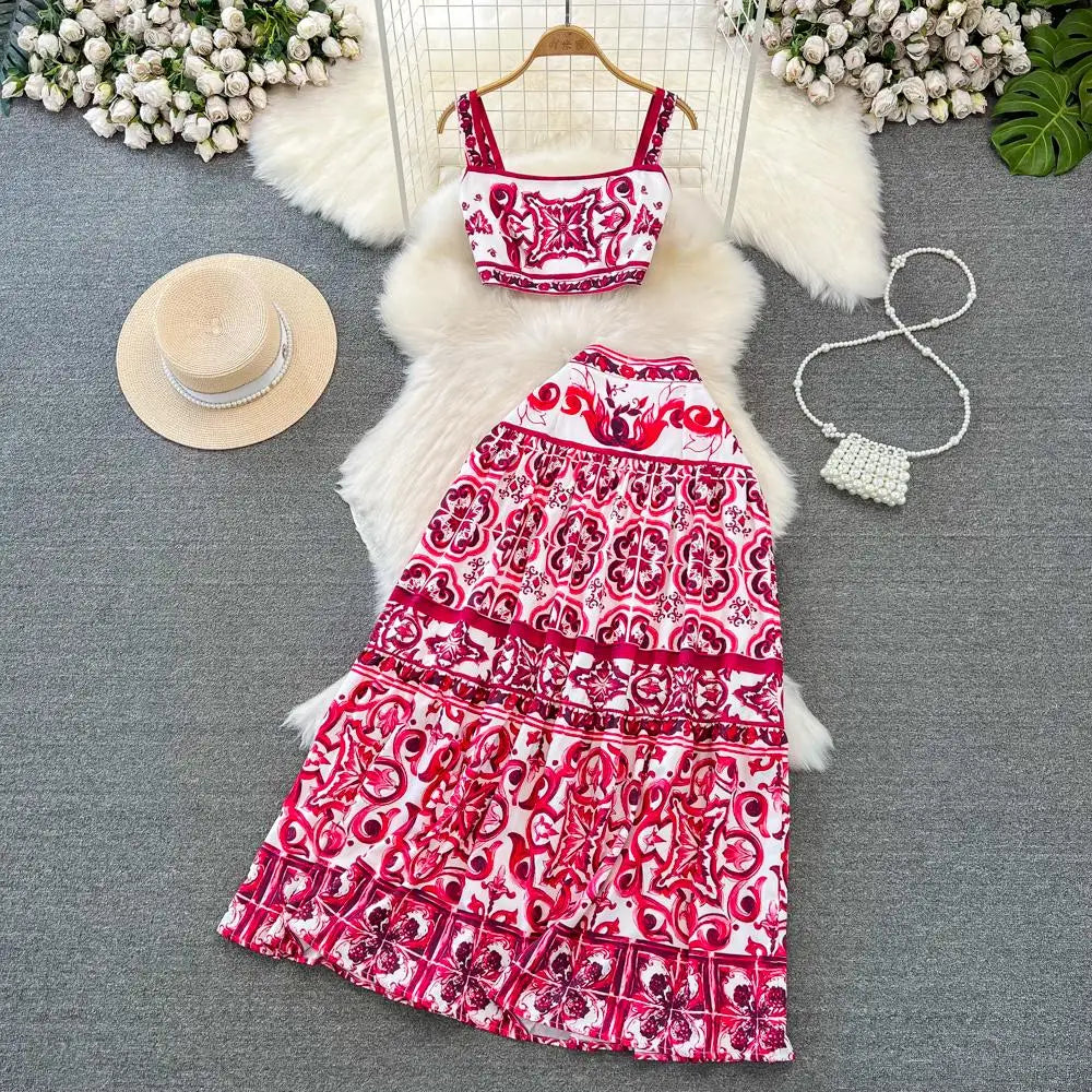 IMIEMIE Summer Runway Holiday Red Blue and White Porcelain Print Two Piece Set Women Spaghetti Strap Short Tops＋Maxi Skirts Set Suit