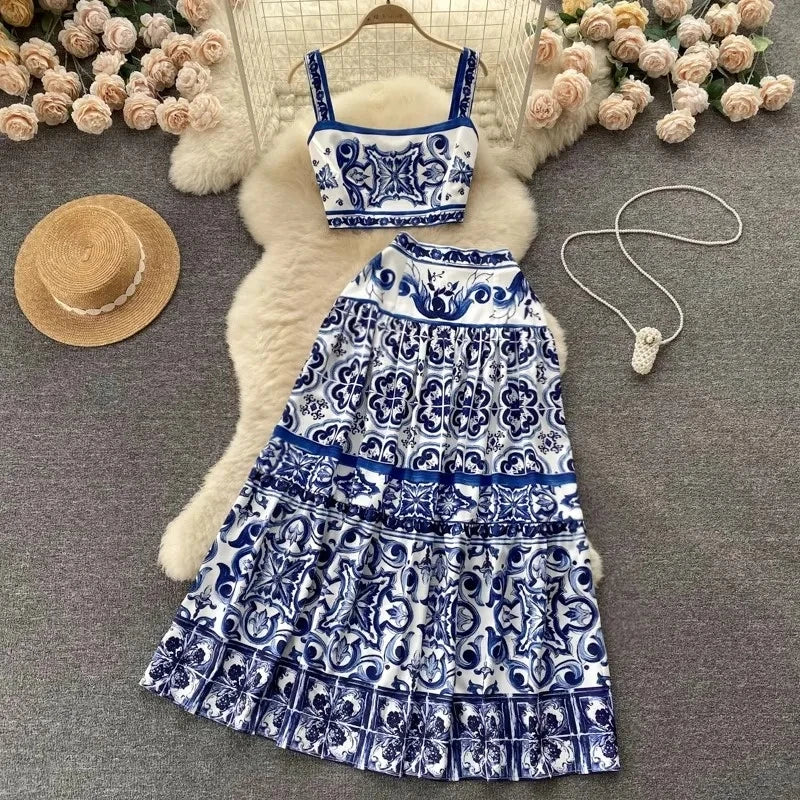 IMIEMIE Summer Runway Holiday Red Blue and White Porcelain Print Two Piece Set Women Spaghetti Strap Short Tops＋Maxi Skirts Set Suit