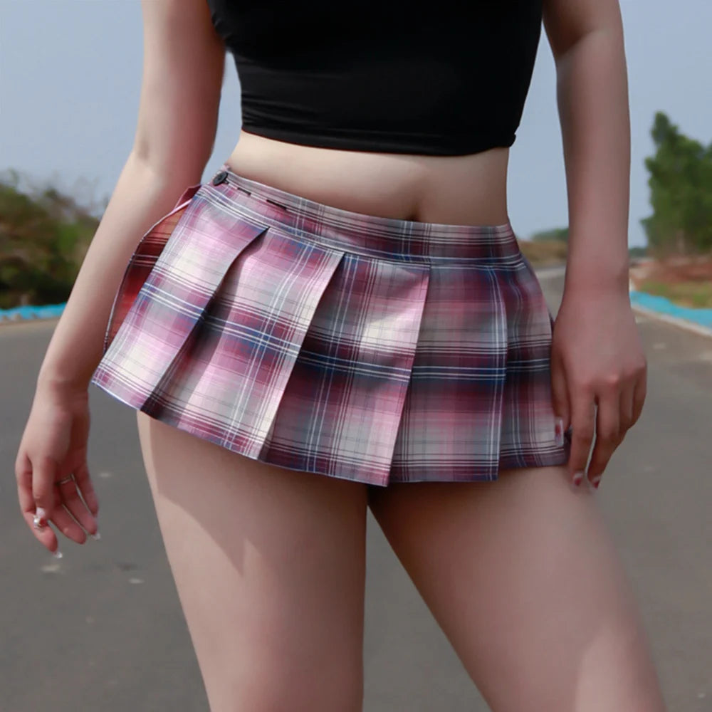 IMIEMIE Summer Schoolgirl Plaid Pleated Skirt Ultrashort Jk Skirts Cosplay Skirts Sexy Low Rise A-line Short Clubwear Sexy Mini Skirt