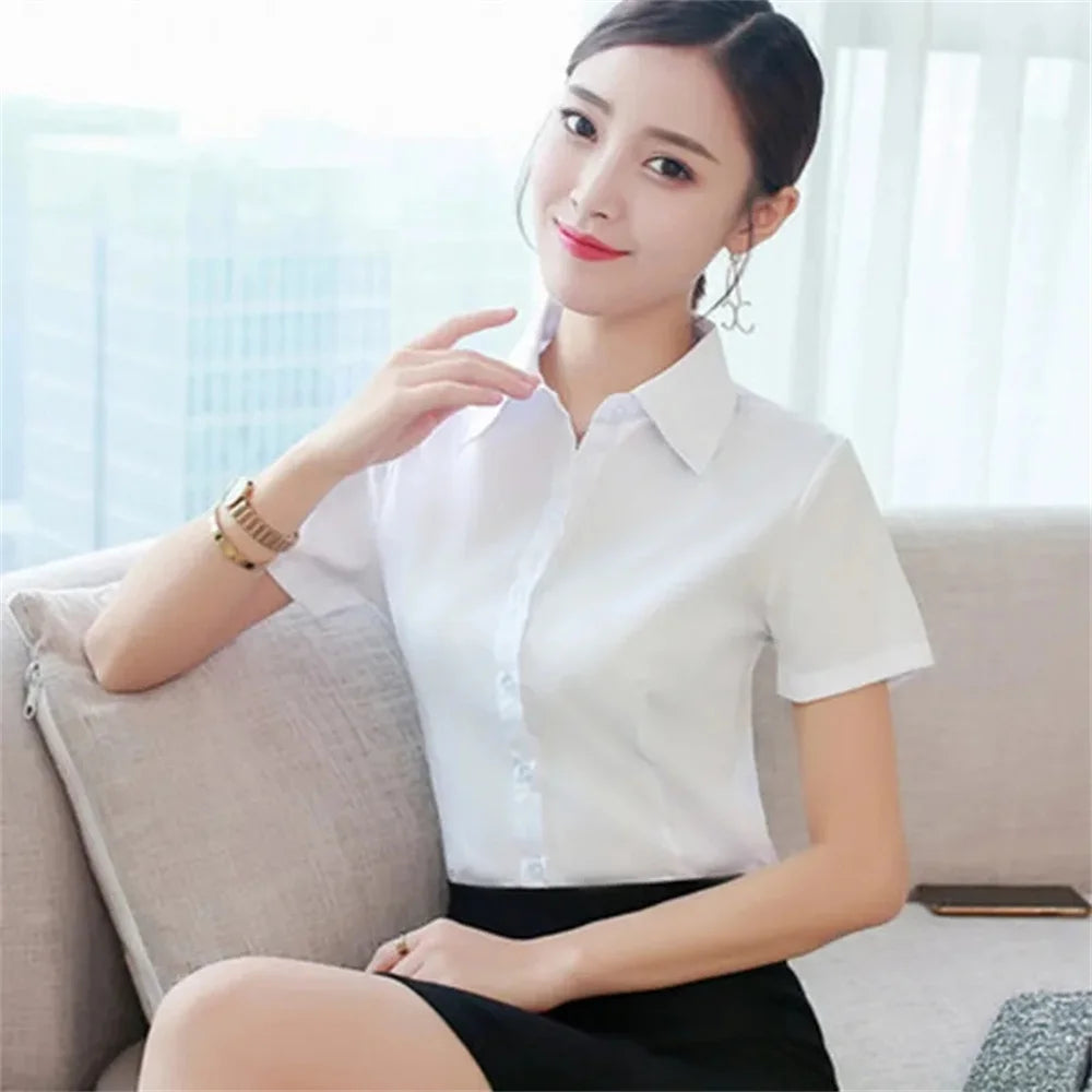 IMIEMIE Summer Short Sleeve White Black Women Shirt Women's Blouse Slim Fitting Professional Work Clothes Formal Office Lady Ol Blouse