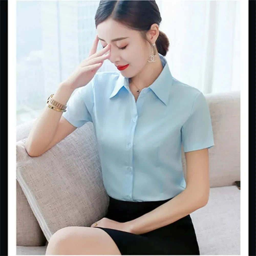 IMIEMIE Summer Short Sleeve White Black Women Shirt Women's Blouse Slim Fitting Professional Work Clothes Formal Office Lady Ol Blouse