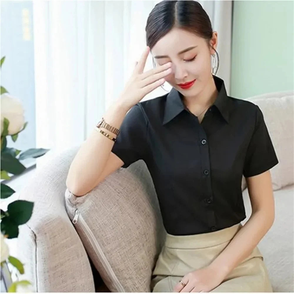 IMIEMIE Summer Short Sleeve White Black Women Shirt Women's Blouse Slim Fitting Professional Work Clothes Formal Office Lady Ol Blouse