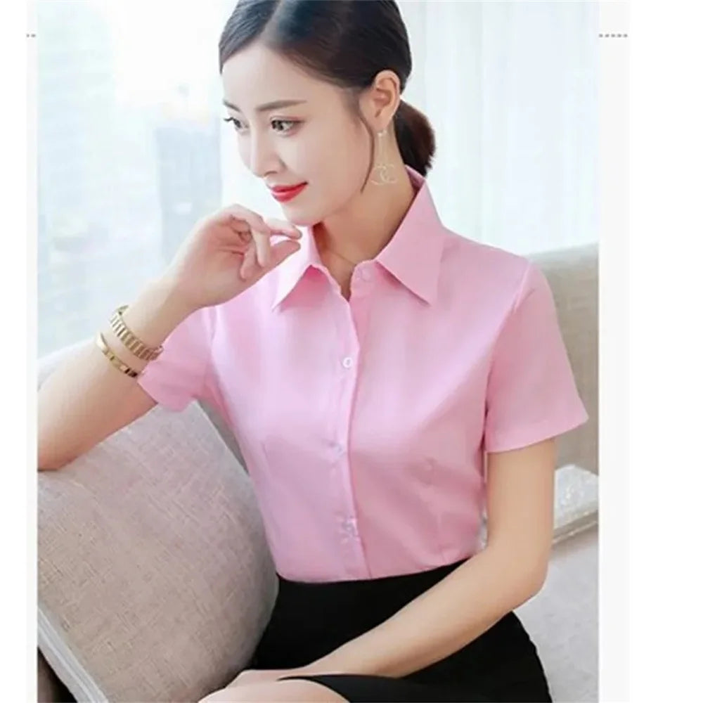 IMIEMIE Summer Short Sleeve White Black Women Shirt Women's Blouse Slim Fitting Professional Work Clothes Formal Office Lady Ol Blouse