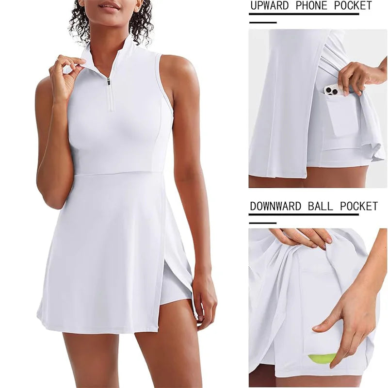 IMIEMIE Summer Solstice Women's Tennis Dress,Fashion 2-in-1 Tennis Golf Sports Dress,Polo Collar Design Women's Fitness Dress sleeveless