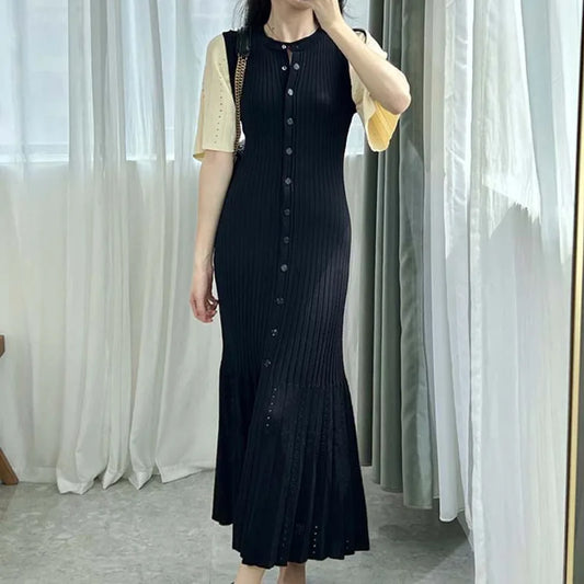 IMIEMIE Summer Spring New French Elegant Fragrance High-end Slimming Knitted Mermaid Dress Hollow Slimming Fish Tail Knit Dress