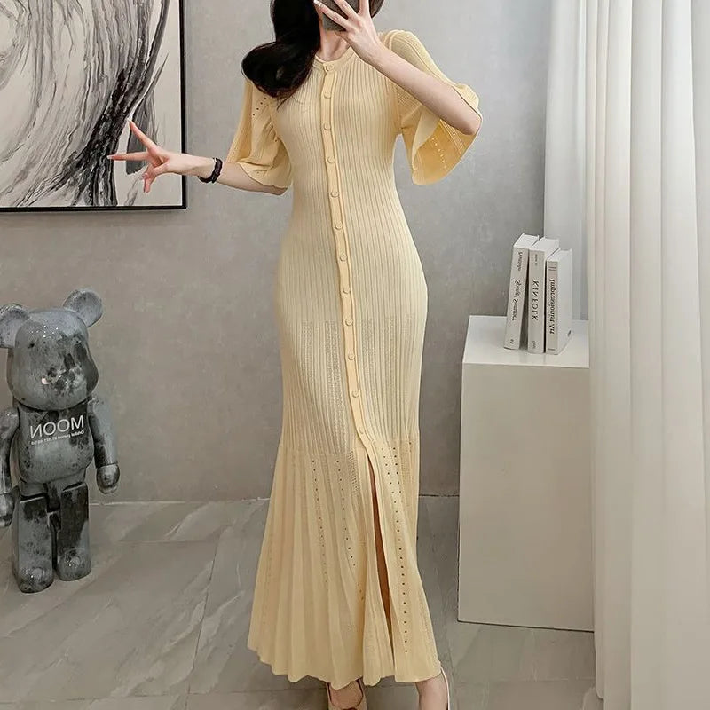 IMIEMIE Summer Spring New French Elegant Fragrance High-end Slimming Knitted Mermaid Dress Hollow Slimming Fish Tail Knit Dress