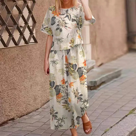 IMIEMIE Summer Suit For Women Retro Printed Round Neck Cotton Linen Short-sleeved Casual Trousers Wide-leg Pants Two-piece Set