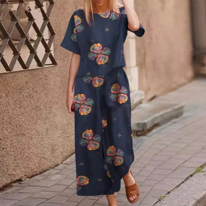 IMIEMIE Summer Suit For Women Retro Printed Round Neck Cotton Linen Short-sleeved Casual Trousers Wide-leg Pants Two-piece Set