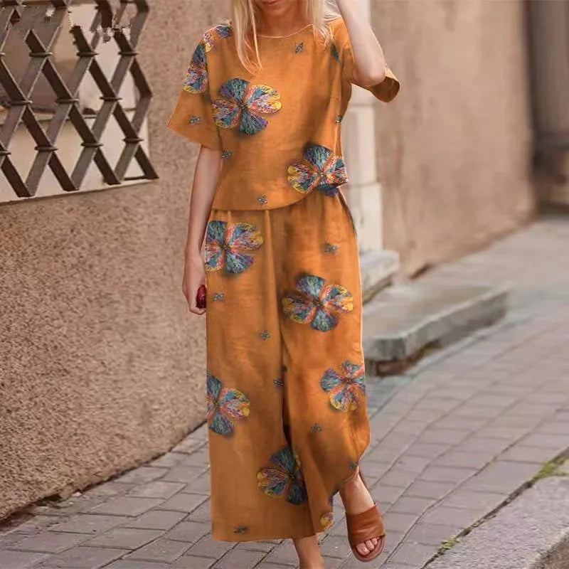 IMIEMIE Summer Suit For Women Retro Printed Round Neck Cotton Linen Short-sleeved Casual Trousers Wide-leg Pants Two-piece Set