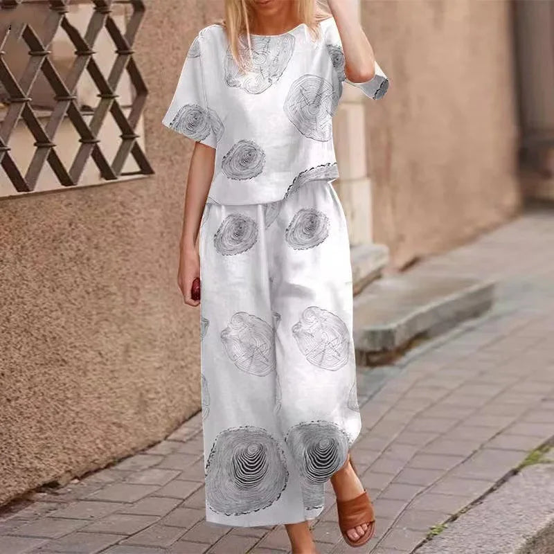 IMIEMIE Summer Suit For Women Retro Printed Round Neck Cotton Linen Short-sleeved Casual Trousers Wide-leg Pants Two-piece Set