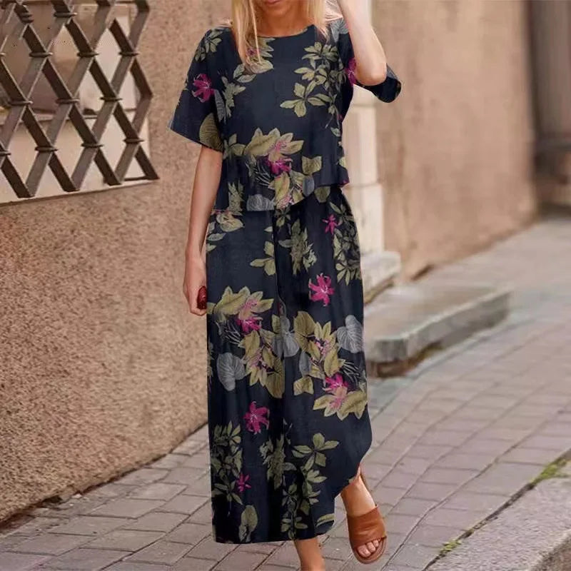 IMIEMIE Summer Suit For Women Retro Printed Round Neck Cotton Linen Short-sleeved Casual Trousers Wide-leg Pants Two-piece Set