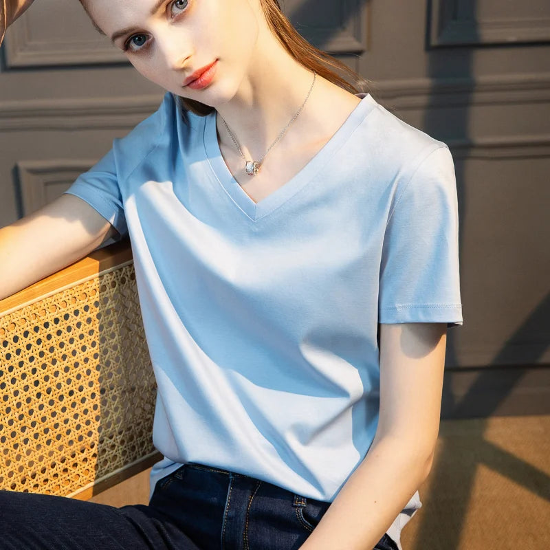 IMIEMIE Summer T-shirt Soft Mulberry Silk Cotton O Neck T Shirt Womens Loose Short Sleeve Solid Top Women Color 2024 High Quality Korea