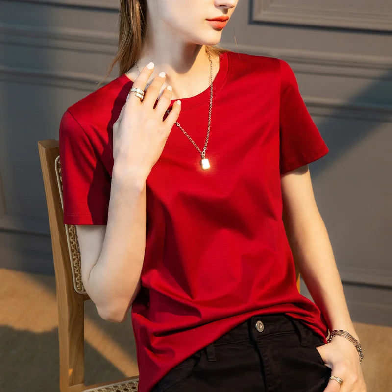 IMIEMIE Summer T-shirt Soft Mulberry Silk Cotton O Neck T Shirt Womens Loose Short Sleeve Solid Top Women Color 2024 High Quality Korea