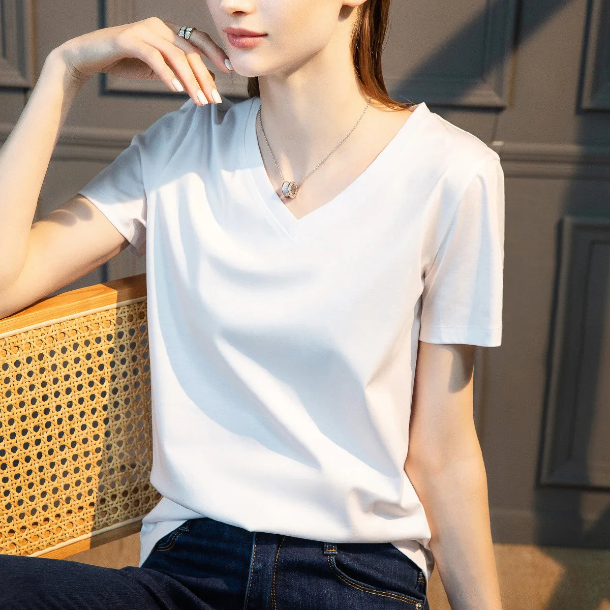 IMIEMIE Summer T-shirt Soft Mulberry Silk Cotton O Neck T Shirt Womens Loose Short Sleeve Solid Top Women Color 2024 High Quality Korea