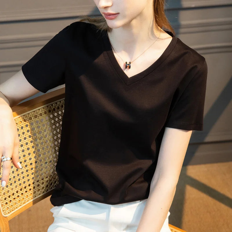 IMIEMIE Summer T-shirt Soft Mulberry Silk Cotton O Neck T Shirt Womens Loose Short Sleeve Solid Top Women Color 2024 High Quality Korea