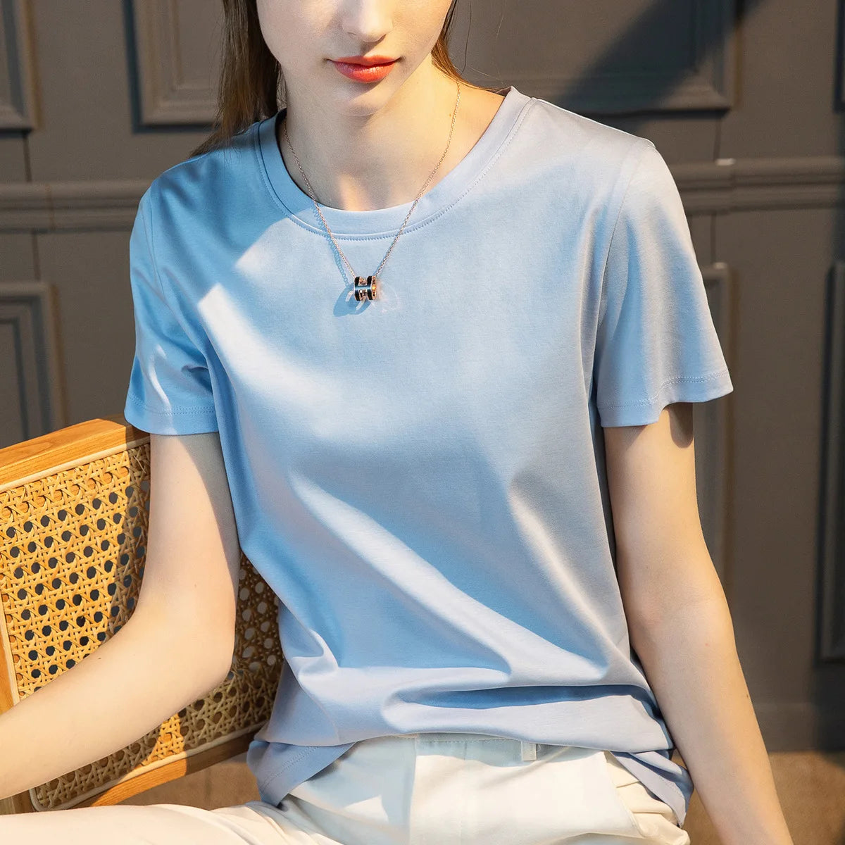 IMIEMIE Summer T-shirt Soft Mulberry Silk Cotton O Neck T Shirt Womens Loose Short Sleeve Solid Top Women Color 2024 High Quality Korea