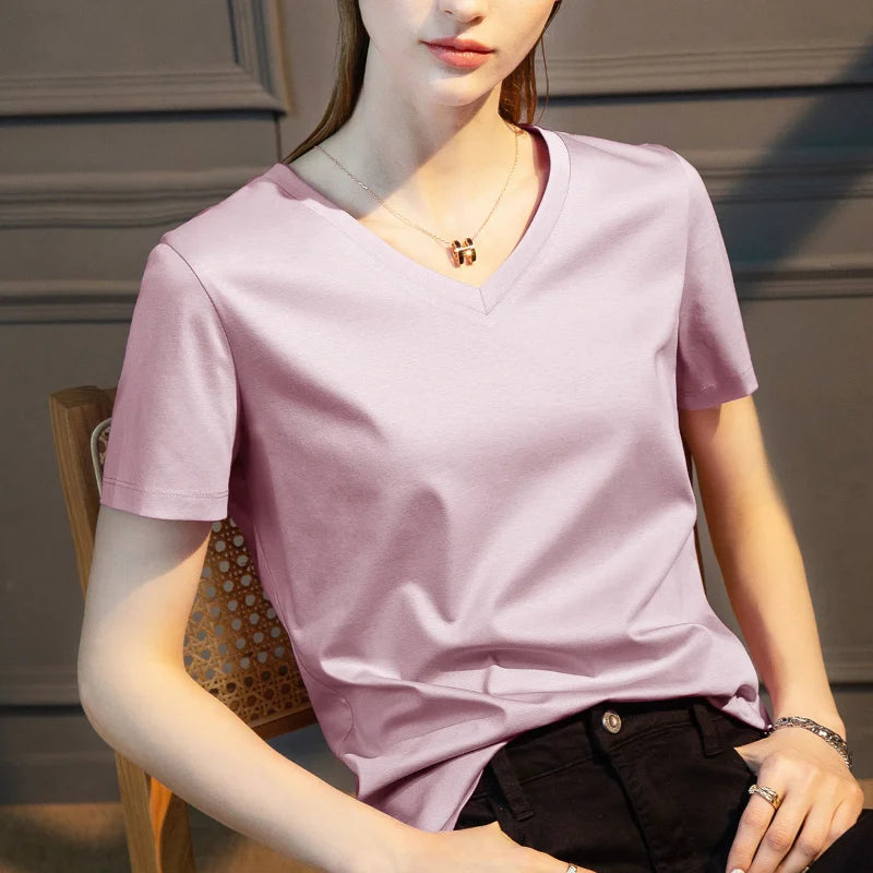 IMIEMIE Summer T-shirt Soft Mulberry Silk Cotton O Neck T Shirt Womens Loose Short Sleeve Solid Top Women Color 2024 High Quality Korea