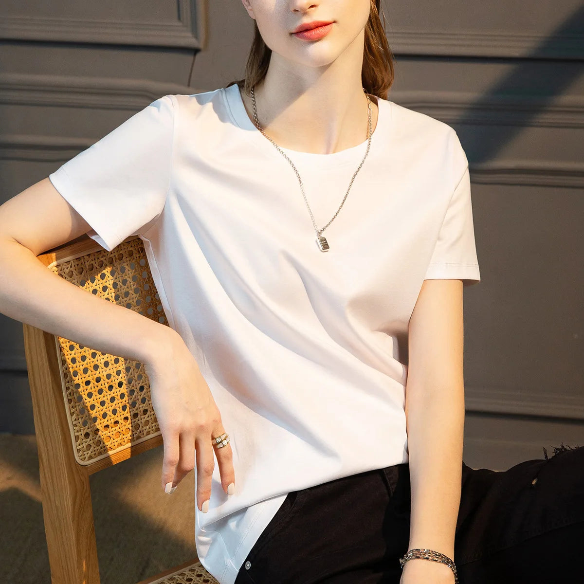 IMIEMIE Summer T-shirt Soft Mulberry Silk Cotton O Neck T Shirt Womens Loose Short Sleeve Solid Top Women Color 2024 High Quality Korea