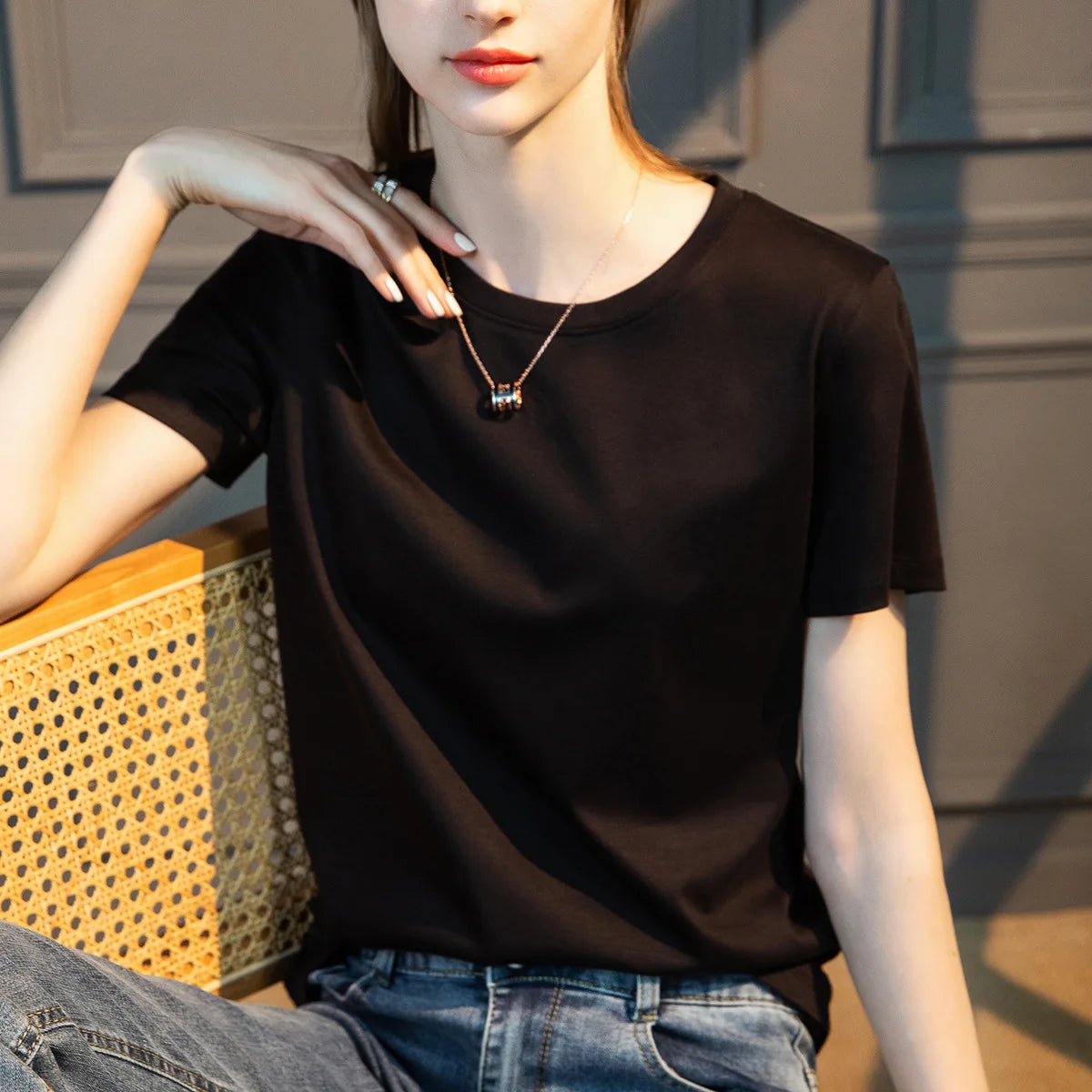 IMIEMIE Summer T-shirt Soft Mulberry Silk Cotton O Neck T Shirt Womens Loose Short Sleeve Solid Top Women Color 2024 High Quality Korea