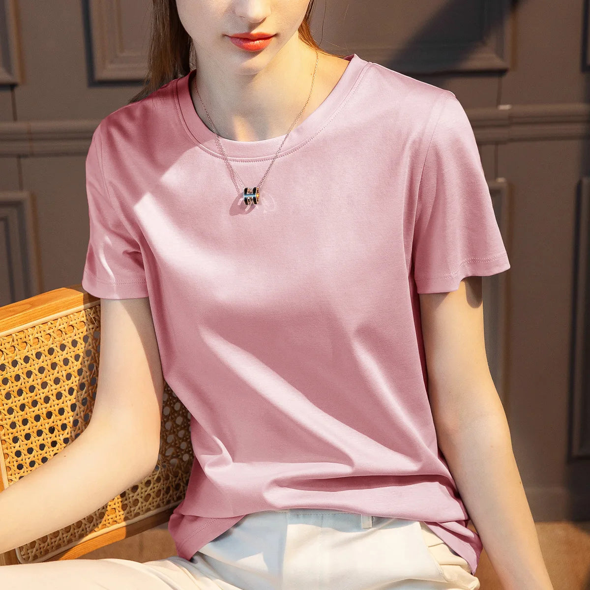 IMIEMIE Summer T-shirt Soft Mulberry Silk Cotton O Neck T Shirt Womens Loose Short Sleeve Solid Top Women Color 2024 High Quality Korea