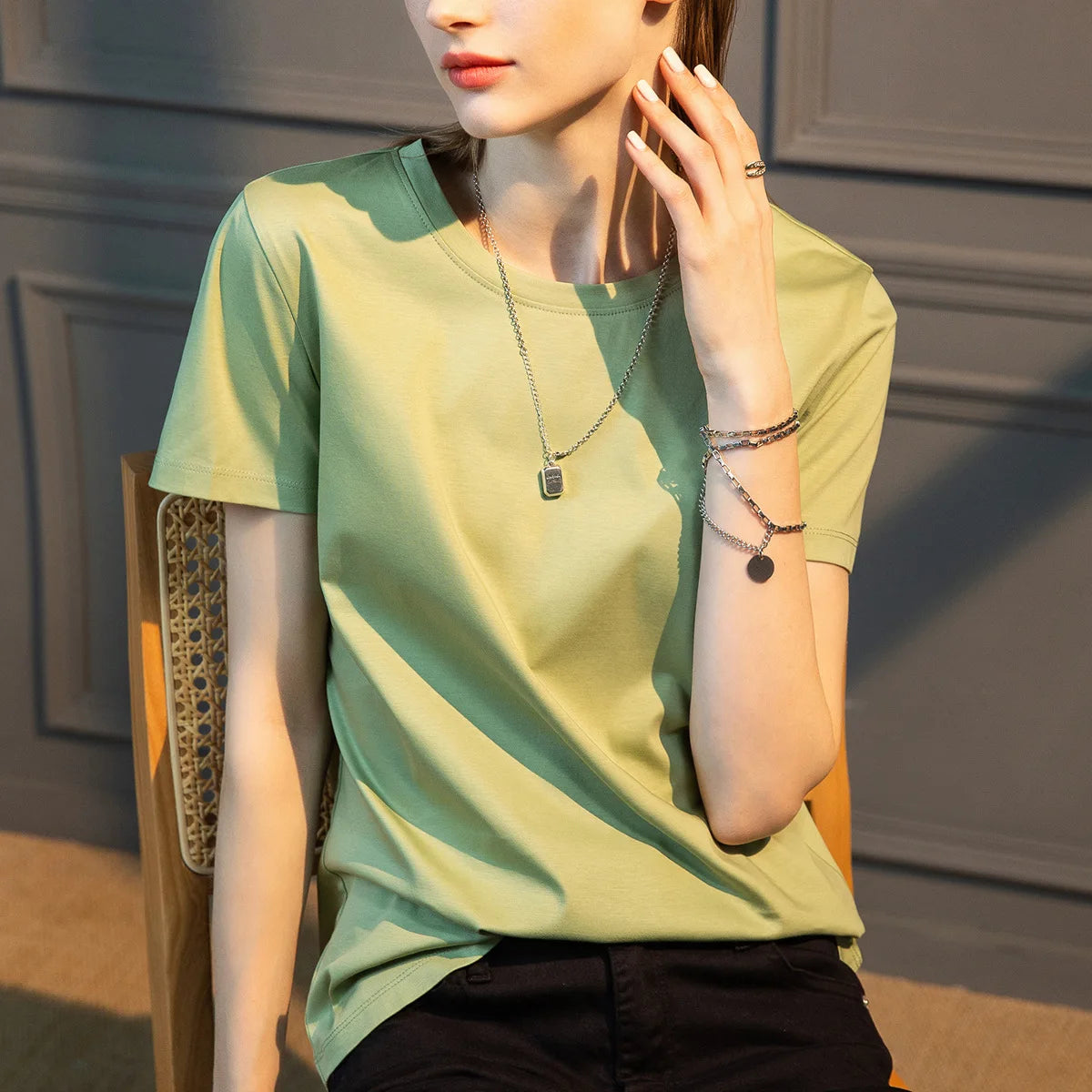 IMIEMIE Summer T-shirt Soft Mulberry Silk Cotton O Neck T Shirt Womens Loose Short Sleeve Solid Top Women Color 2024 High Quality Korea