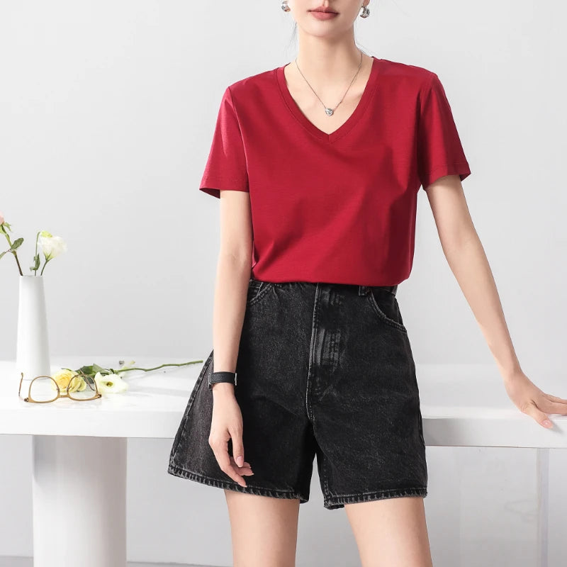 IMIEMIE Summer T-shirt Soft Mulberry Silk Cotton O Neck T Shirt Womens Loose Short Sleeve Solid Top Women Color 2024 High Quality Korea