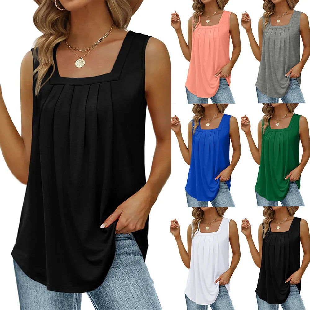 IMIEMIE Summer Tank Tops for Women Loose Fit Pleated Square Neck Sleeveless Tops Curved Hem Flowy