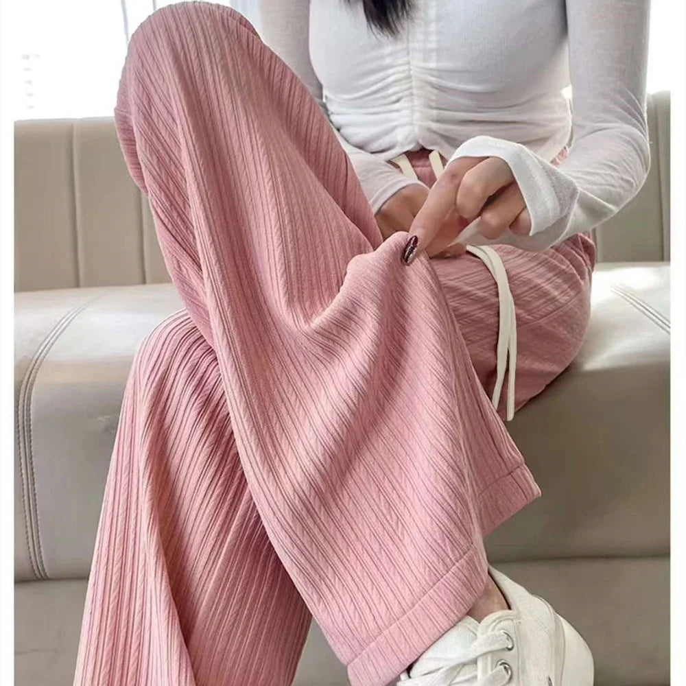 IMIEMIE Summer Trendy Women's Solid Elastic Waist Drawstring Wide Leg Pants Casual Sweet Basic Sports Long Pants Office Lady Trousers