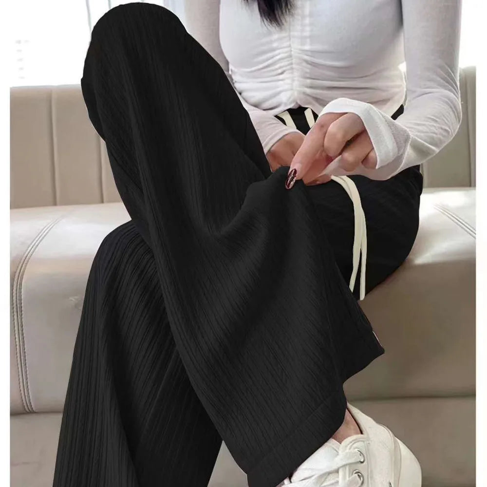 IMIEMIE Summer Trendy Women's Solid Elastic Waist Drawstring Wide Leg Pants Casual Sweet Basic Sports Long Pants Office Lady Trousers