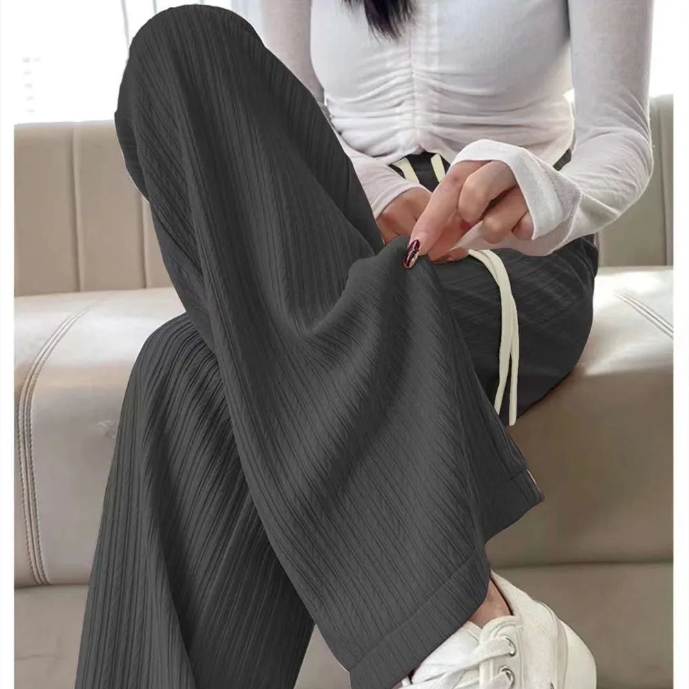 IMIEMIE Summer Trendy Women's Solid Elastic Waist Drawstring Wide Leg Pants Casual Sweet Basic Sports Long Pants Office Lady Trousers