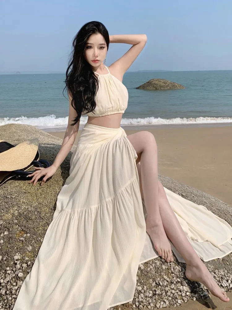 IMIEMIE Summer Women Beach Two Piece Set Sexy Strap Short Tops & High Waist  One-Piece Lace Up Skirt Outfits Korean Fashion Clothing