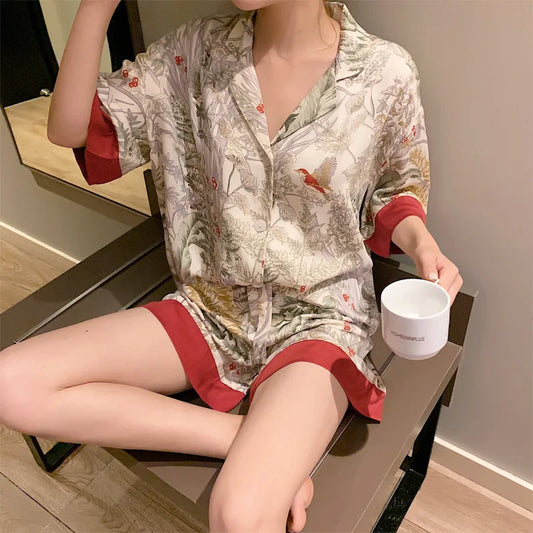 IMIEMIE Summer Women Pajama Set Short Sleeve Pajamas for Woman Stain Silk Fashion Luxury Pijamas Flowers Bird Print Lapel Sleepwear